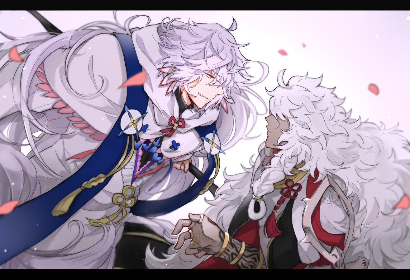 2boys ahoge arm_tattoo black_pants braid covered_eyes dark-skinned_male dark_skin earrings falling_petals fate/grand_order fate_(series) flower_earrings flower_knot grin hair_between_eyes hand_tattoo hand_up holding holding_staff hood hood_down hooded_robe jewelry letterboxed long_hair long_sleeves looking_at_another mage_staff male_focus merlin_(fate) multiple_boys multiple_rings pants parted_lips petals purple_eyes purple_hair ring robe ruoyin shawl simple_background single_braid smile smirk solomon_(fate) staff tassel tattoo thumb_ring very_long_hair white_hair white_robe