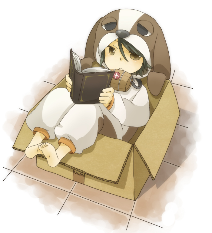 1boy 1girl :&lt; animal_costume bad_id bad_pixiv_id barefoot barrel black_hair book box brown_eyes cardboard_box dog_costume female_focus holding holding_book in_box in_container izumi_kirifu kamen_rider kamen_rider_w male_focus open_book original philip philip_(kamen_rider) reading solo