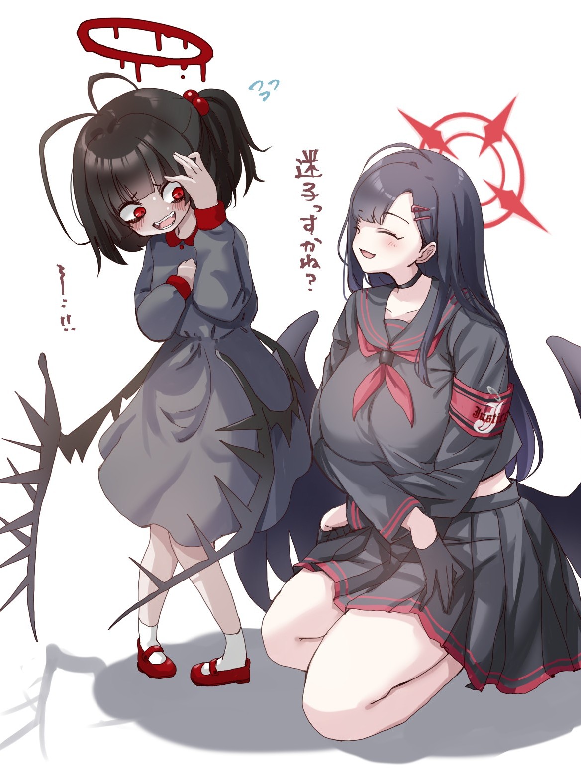 2girls ^_^ age_regression aged_down antenna_hair armband bags_under_eyes bare_legs beads black_choker black_dress black_gloves black_hair black_serafuku black_wings blue_archive blunt_bangs blush breasts child choker closed_eyes commentary_request dress feathered_wings flying_sweatdrops full_body gloves hair_beads hair_ornament highres ichika_(blue_archive) komena_(shinyday312) large_breasts long_hair long_sleeves midriff multiple_girls nervous_smile nervous_sweating one_side_up pleated_skirt red_armband red_eyes red_shoes school_uniform serafuku shoes shy skirt smile socks squatting straight_hair sweat translation_request tsurugi_(blue_archive) very_long_hair white_socks wings