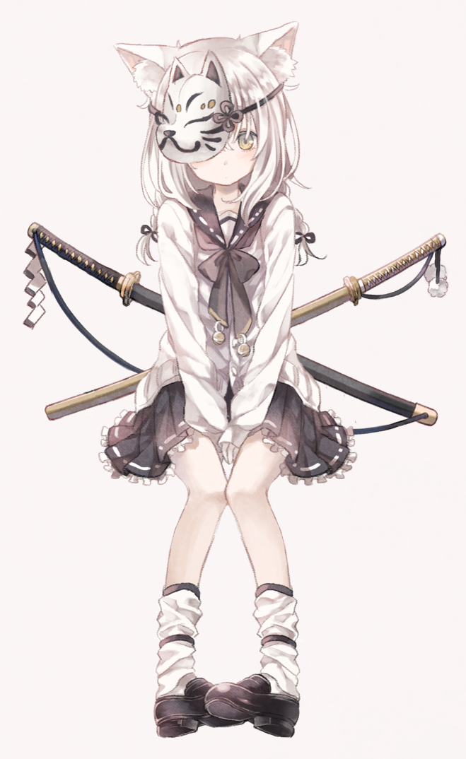 1girl animal_ears between_legs black_shoes black_skirt blush braid cardigan cat_ears closed_mouth female_focus fox_mask frilled_skirt frills full_body hand_between_legs katana loafers long_hair long_sleeves looking_at_viewer loose_socks mask mask_on_head original oro_ponzu pigeon-toed pleated_skirt school_uniform serafuku sheath sheathed shide shoes sidelocks silver_hair simple_background sitting skirt socks solo sword sword_on_back twin_braids weapon weapon_on_back yellow_eyes