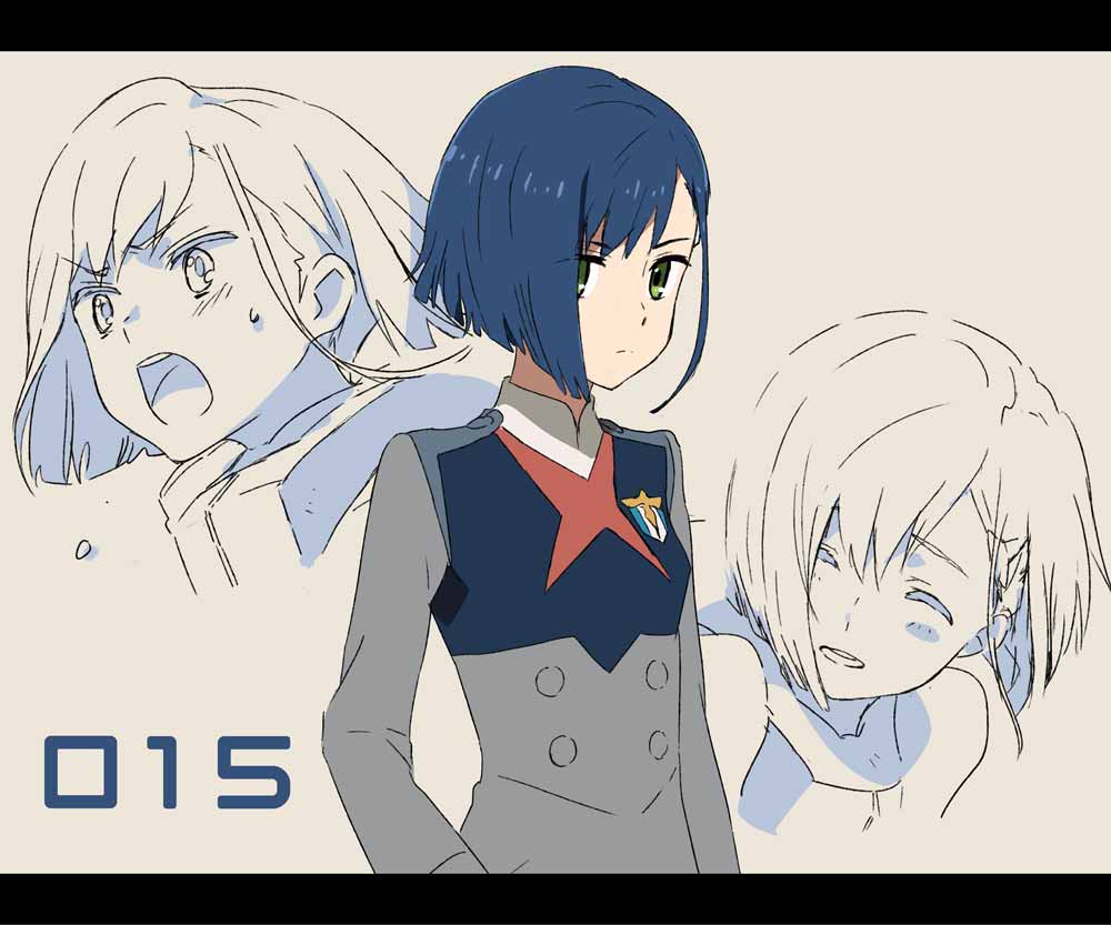 1girl :o ascot black_border black_dress blue_hair blunt_ends bob_cut border breasts character_name closed_eyes closed_mouth collared_dress commentary darling_in_the_franxx dress emblem green_eyes grey_dress hair_over_one_eye ichigo_(darling_in_the_franxx) inverted_bob letterboxed looking_afar looking_ahead mecha_pilot_suit military_uniform multiple_views open_mouth red_ascot saiken_(saiken0073) serious short_hair shouting small_breasts smile tears upper_body v-shaped_eyebrows white_background