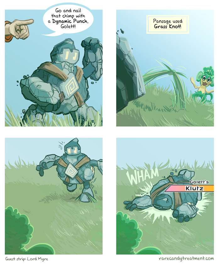 4koma battle blue_sky bummerdude clenched_hands comic commentary creature english_commentary english_text eye_contact falling gen_5_pokemon golett grass grass_knot_(pokemon) klutz_(pokemon) looking_at_another monkey nintendo pansage pointing pokemon pokemon_(creature) pokemon_ability pokemon_move shadow sky sound_effects tripping walking watermark web_address