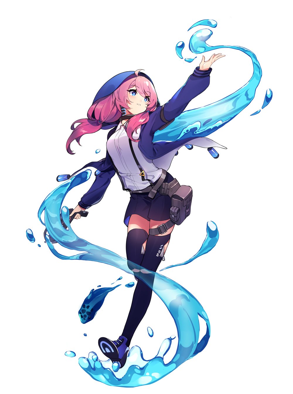 1girl arknights belt black_thighhighs blue_eyes blue_jacket blue_poison_(arknights) blue_poison_(elite_ii)_(arknights) blush bowgun choker dress_shirt highres holster hood hoodie horizontal_pupils jacket long_hair looking_at_another pink_hair pouch running sharlorc shirt shoes shorts sneakers spots suspenders thigh_holster thighhighs twintails vial water