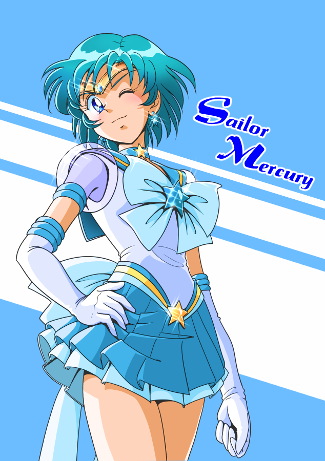 bishoujo_senshi_sailor_moon bishoujo_senshi_sailor_moon_stars blue_background blue_bow blue_choker blue_hair blue_sailor_collar blue_skirt bow character_name choker cowboy_shot earrings elbow_gloves gloves hand_on_own_hip jewelry kaze_no_ryuuryuu miniskirt mizuno_ami one_eye_closed pleated_skirt sailor_collar sailor_mercury sailor_senshi sailor_senshi_uniform short_hair skirt star_(symbol) star_choker super_sailor_mercury_(stars) tiara white_background white_gloves