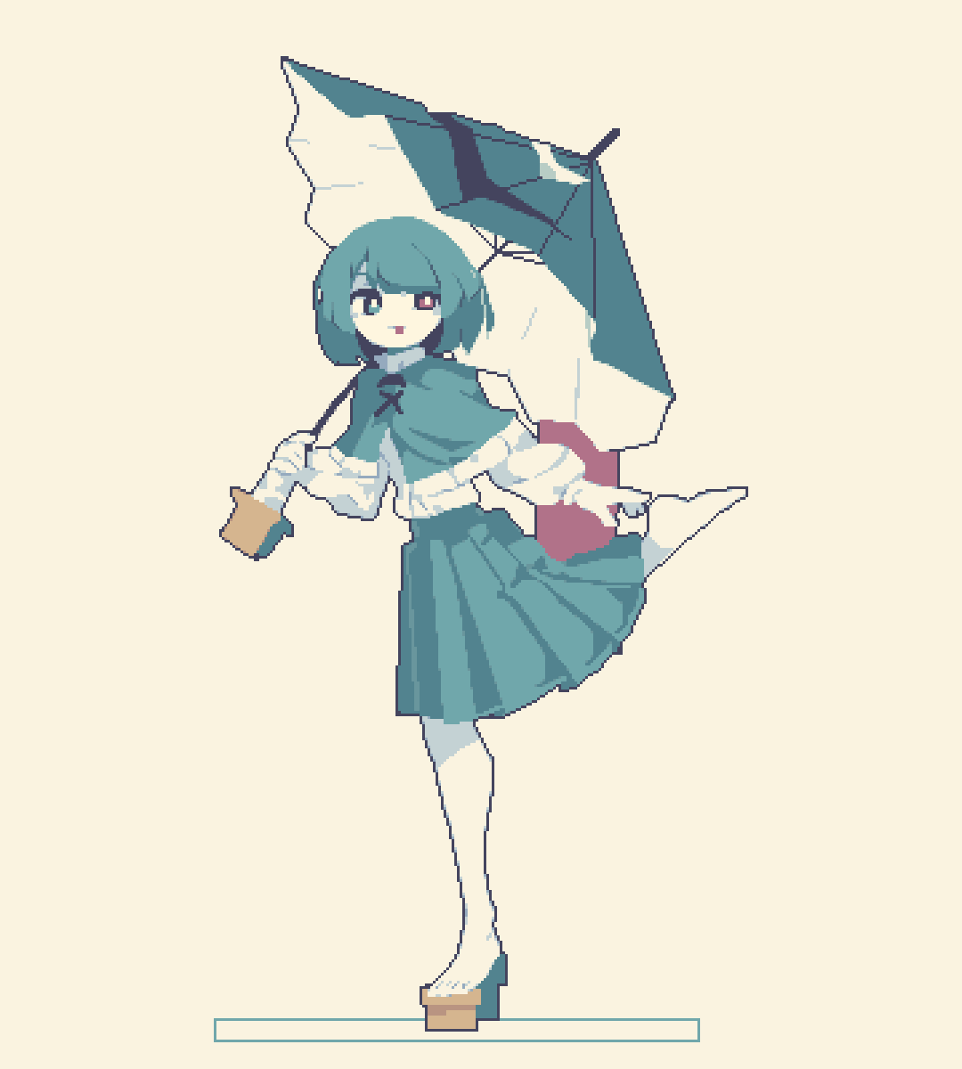 1girl 4qw5 blue_capelet blue_eyes blue_hair blue_skirt blue_umbrella bright_pupils brown_footwear capelet commentary english_commentary full_body geta heterochromia highres holding holding_umbrella long_sleeves looking_at_viewer pixel_art pleated_skirt red_eyes shirt short_hair simple_background skirt solo standing standing_on_one_leg tatara_kogasa tongue tongue_out touhou umbrella white_pupils white_shirt wild_and_horned_hermit yellow_background