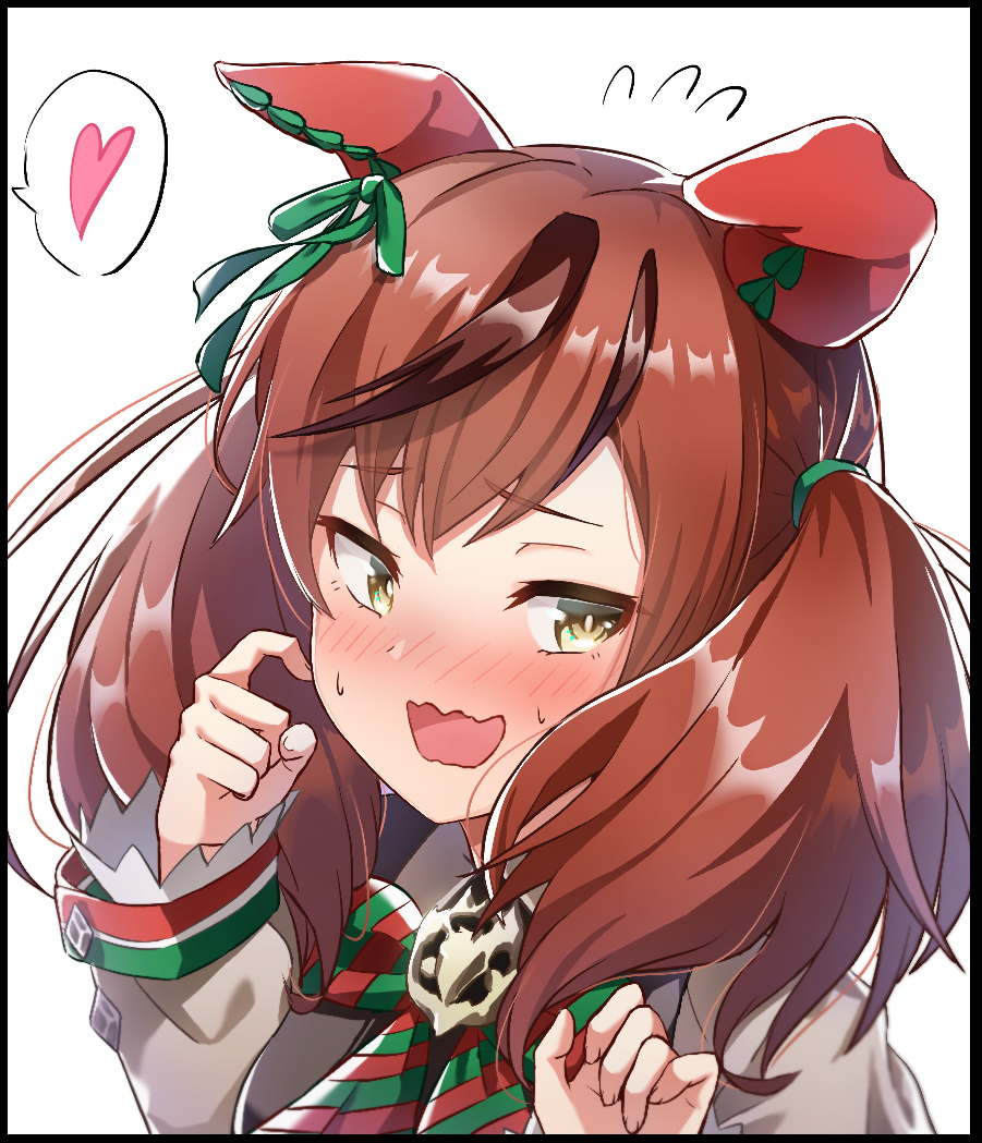 1girl animal_ears blush bow brown_eyes commentary_request ear_bow ear_covers ears_down green_bow heart horse_ears horse_girl juliet_sleeves long_sleeves looking_to_the_side medium_hair nice_nature_(umamusume) puffy_sleeves red_hair reo-illust4696 simple_background solo spoken_heart striped_bow twintails umamusume upper_body white_background