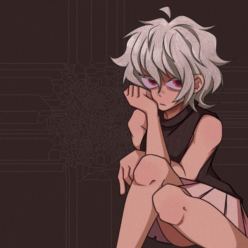 .flow 1girl black_shirt brown_background closed_mouth cryptidhermit grey_hair hair_between_eyes looking_at_viewer messy_hair pleated_skirt red_eyes sabitsuki shirt short_hair sitting skirt sleeveless sleeveless_shirt solo
