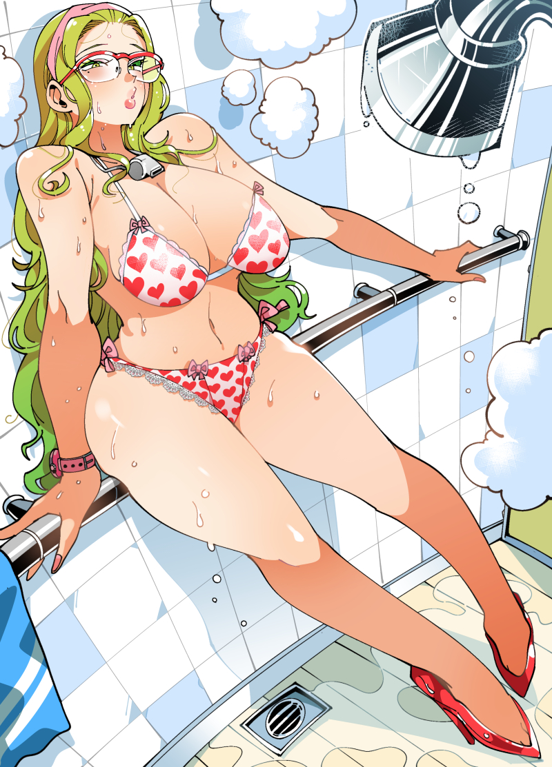 1girl against_railing bikini bow breasts cleavage commentary_request drain_(object) full_body glasses gradient_hair green_hair half-closed_eyes heart heart_print high_heels kafun large_breasts long_hair looking_at_viewer multicolored_hair navel o3o original pink_bow puckered_lips railing red_footwear semi-rimless_eyewear shower_head solo sweat swimsuit very_long_hair watch whistle wristwatch