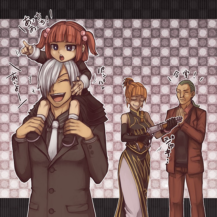 00s 07th_expansion 2boys 2girls aged_down amakusa_juuza carrying dress formal_clothes green_hair gun hair_bobbles hair_ornament multiple_boys multiple_girls niso no_naku_koro_ni_(series) okonogi_tetsurou orange_hair piggyback red_hair shoulder_carry silver_hair suit time_paradox translation_request umineko_no_naku_koro_ni ushiromiya_ange ushiromiya_eva weapon