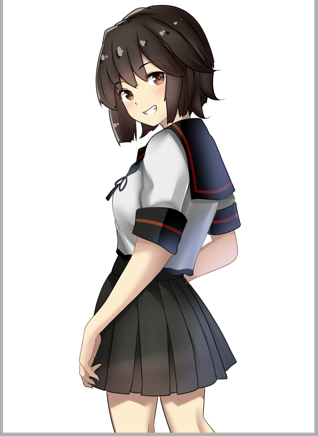 1girl black_hair black_sailor_collar black_skirt brown_eyes grin himura_moritaka kantai_collection looking_at_viewer looking_back miyuki_(kancolle) miyuki_kai_ni_(kancolle) pleated_skirt sailor_collar sailor_shirt school_uniform serafuku shirt short_hair simple_background skirt smile solo wavy_hair white_background white_shirt