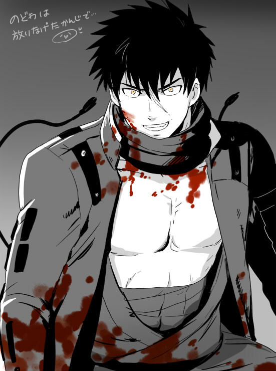 10s 1boy black_hair blood blood_on_clothes doudanuki_masakuni grin japanese_clothes male_focus midriff_sarashi mizuhara_aki open_clothes sarashi scar scarf smile touken_ranbu translation_request yellow_eyes