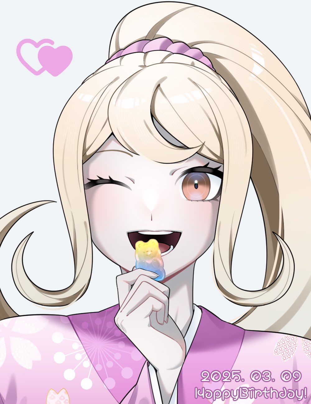 1girl ;d blonde_hair bow brown_eyes candy danganronpa_(series) danganronpa_2:_goodbye_despair dated food gummy_bear hair_ornament hair_scrunchie happy_birthday heart highres holding holding_food japanese_clothes kimono ling_yun_(amadare0803) long_hair long_sleeves one_eye_closed open_mouth pink_scrunchie ponytail portrait saionji_hiyoko scrunchie smile teeth tongue white_background