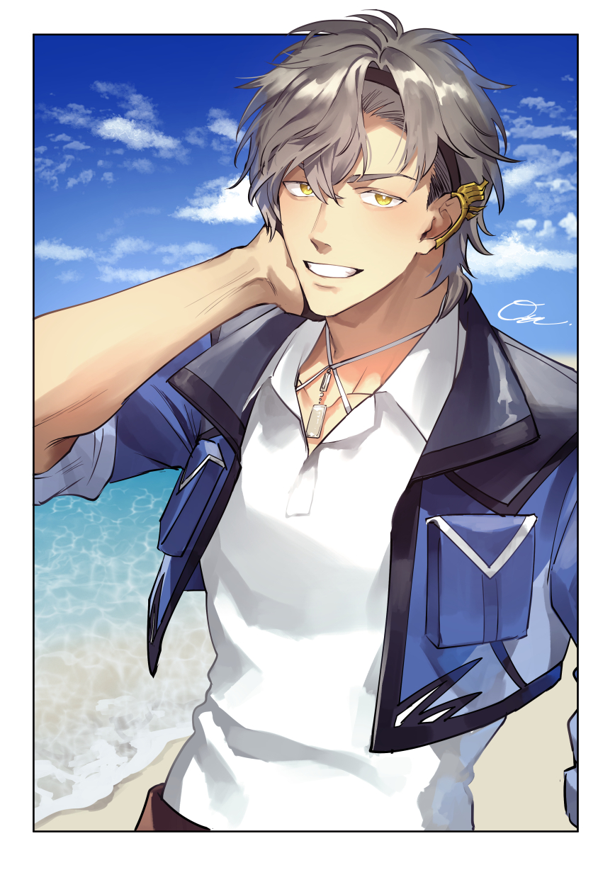 1boy arm_behind_head beach collarbone commission cropped_jacket earclip eyebrow_cut framed gloves grey_hair grin hairband half_gloves highres jacket jewelry looking_at_viewer male_focus necklace original otani_(gloria) shirt short_hair signature smile white_shirt yellow_eyes