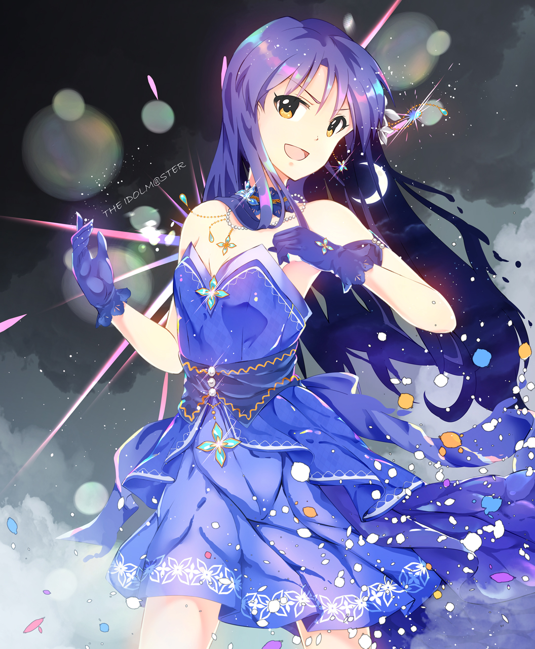 1girl :d bad_id bad_pixiv_id blue_dress blue_gloves blue_hair breasts brown_eyes choker cleavage copyright_name cowboy_shot dress female_focus floating_hair gloves hair_between_eyes head_tilt highres idolmaster idolmaster_(classic) idolmaster_million_live! idolmaster_million_live!_theater_days jewelry kisaragi_chihaya kisaragi_chihaya_(brilliant_diva) long_hair looking_at_viewer necklace ns.x open_mouth short_dress sleeveless sleeveless_dress small_breasts smile solo standing strapless strapless_dress very_long_hair