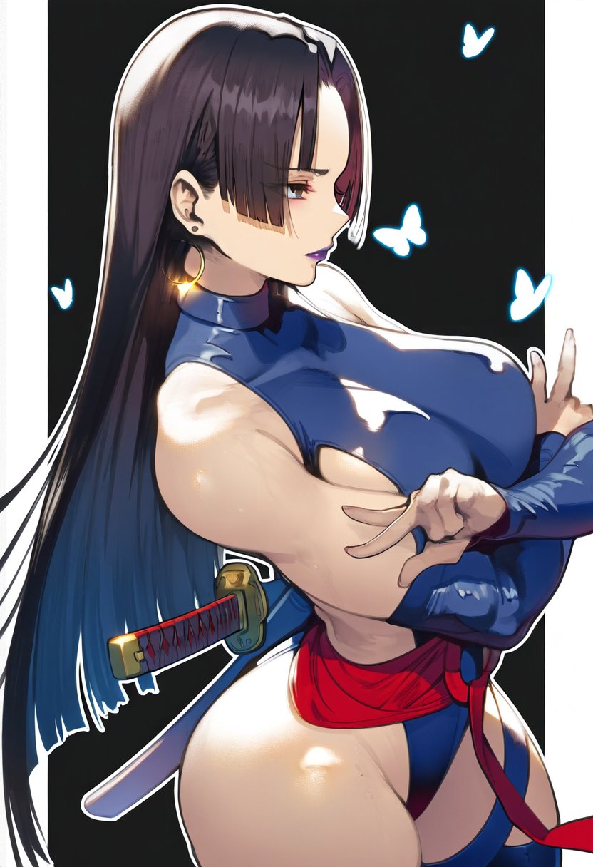 1girl ass blue_leotard breasts bug butterfly curvy female_focus highleg highleg_leotard highres insect large_breasts leotard long_hair marvel marvel_rivals psylocke psylocke_(marvel_rivals) psylocke_(vengeance) revealing_clothes sheath sheathed shiny_skin solo standing sword thick_thighs thighs thong_leotard warotamin3 weapon wide_hips
