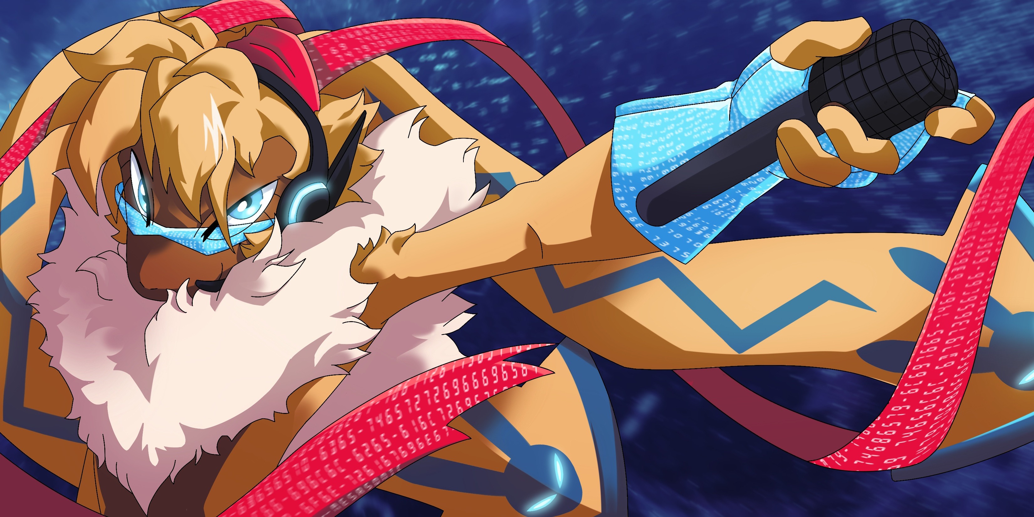 absurdres blue_eyes digimon digimon_(creature) highres looking_at_viewer microphone oridigi original solo sunglasses symbareangoramon