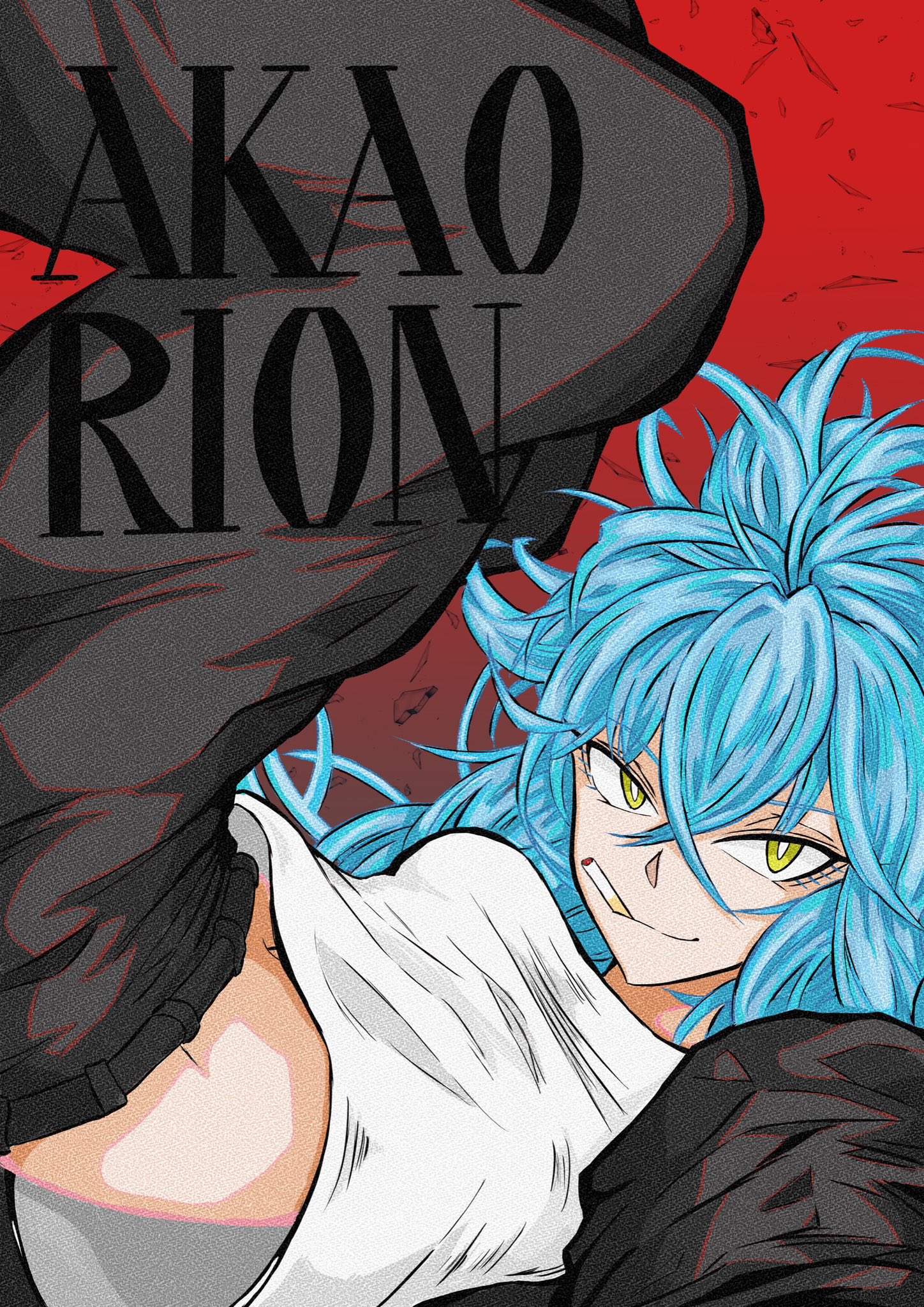1girl akao_rion black_pants breasts character_name cigarette ebponpoa13 hair_between_eyes highres long_hair looking_at_viewer midriff mouth_hold pants red_background sakamoto_days shirt simple_background small_breasts solo white_shirt yellow_eyes