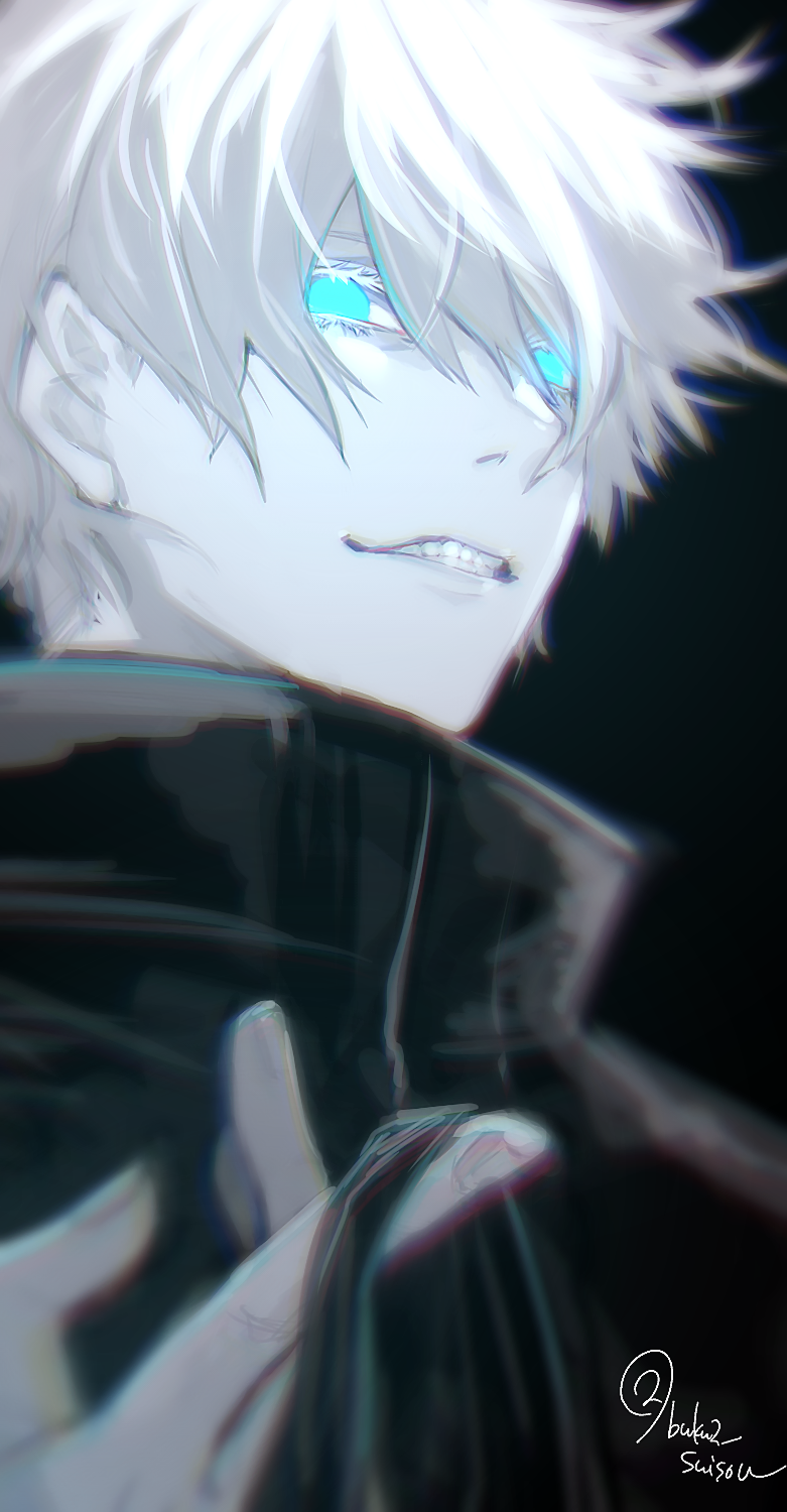 1boy black_background black_jacket blue_eyes buku2_suisou chromatic_aberration colored_eyelashes gojou_satoru hair_between_eyes highres jacket jujutsu_kaisen long_sleeves looking_ahead male_focus short_hair signature solo teeth white_eyelashes white_hair