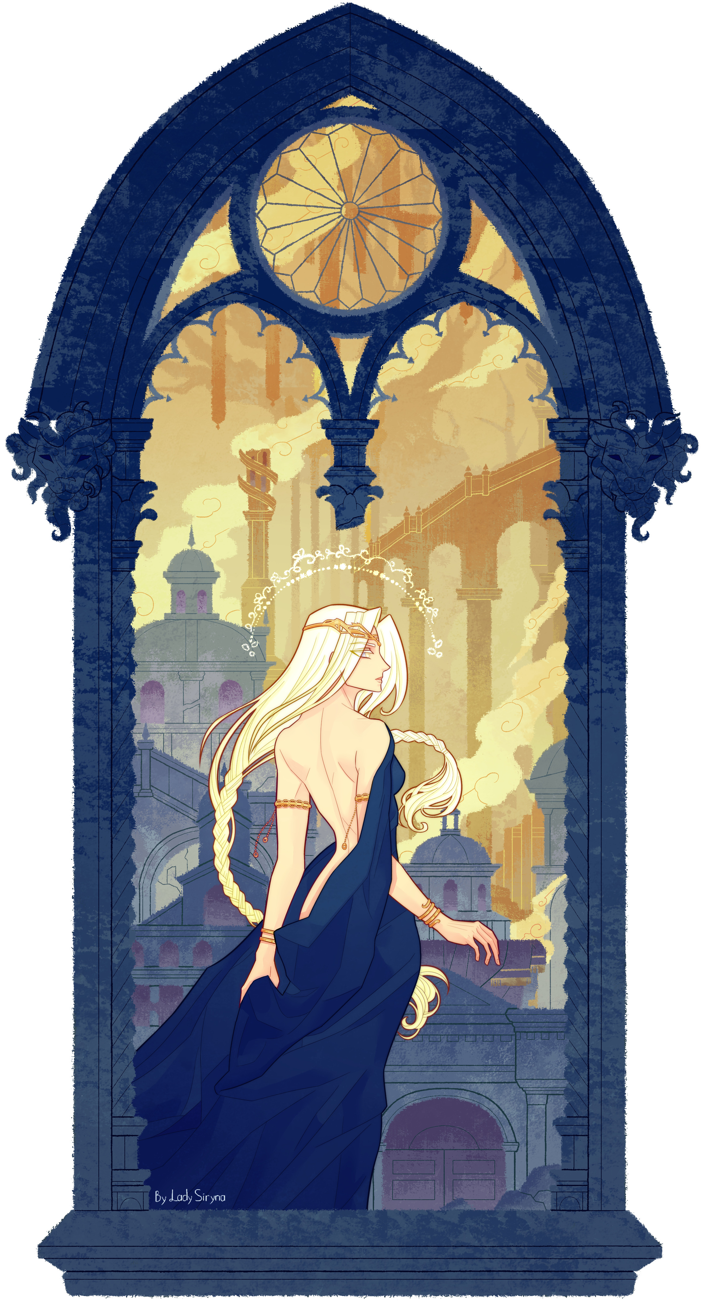 1girl absurdres armlet backless_dress backless_outfit bare_arms bare_back bare_shoulders blonde_hair blue_dress blue_eyes border bracelet braid building circlet cityscape cloud dress elden_ring from_behind gold_armlet gold_bracelet gold_circlet highres jewelry ladysiryna long_braid long_hair looking_back multiple_braids ornate_border pillar queen_marika_the_eternal sideways_glance sky sleeveless sleeveless_dress yellow_clouds yellow_sky