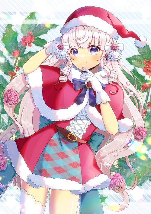 1girl arm_behind_head arm_up belt belt_buckle blue_bow blue_eyes bow braid brown_belt brown_hair buckle capelet closed_mouth commentary_request commission diagonal_stripes dress flower fur-trimmed_capelet fur-trimmed_dress fur-trimmed_headwear fur_trim gloves hair_flower hair_ornament hand_up hat heart himeno_aimu indie_virtual_youtuber kou_hiyoyo long_hair looking_at_viewer pink_flower plaid_clothes plaid_dress red_capelet red_dress red_hat santa_costume santa_hat single_thighhigh skeb_commission smile solo standing striped_background thighhighs very_long_hair virtual_youtuber white_gloves white_thighhighs