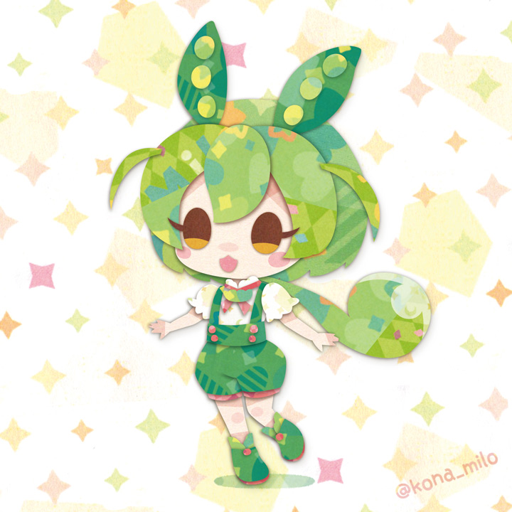bow bowtie brown_eyes full_body green_hair green_shoes green_shorts kikuchi_milo long_hair looking_at_viewer ponytail shirt shoes shorts simple_background solo suspender_shorts suspenders voiceroid voicevox white_shirt zundamon