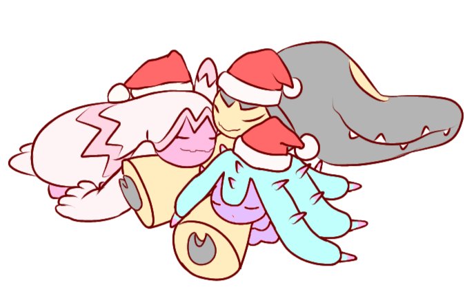 2girls big_hair black_hair black_skin blue_hair closed_eyes closed_mouth clothed_pokemon colored_skin dot_mouth extra_mouth feet female_focus flat_color fur-trimmed_hat gen_3_pokemon gen_7_pokemon hat lap_pillow long_hair lying mareanie mawaifu mawile multicolored_hair multicolored_skin multiple_girls nintendo on_back on_stomach pink_hair pink_skin pokemon pokemon_(creature) pom_pom_(clothes) red_hat santa_hat sharp_teeth sidelocks simple_background sleeping soles spikes teeth tentacle_hair tentacles tinkaton two-tone_hair two-tone_skin u_u very_long_hair white_background white_hair yellow_skin