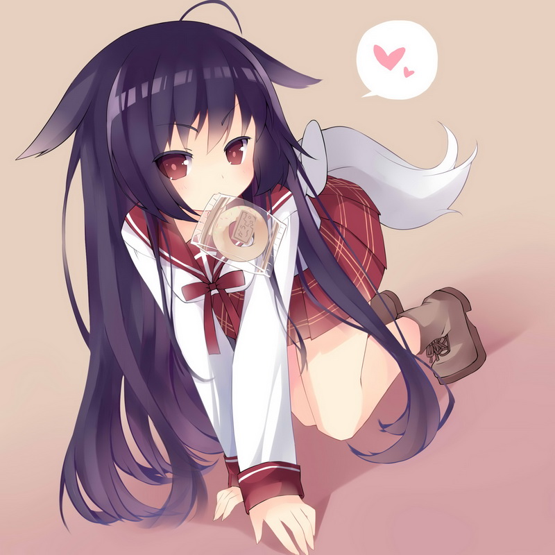 1girl all_fours animal_ears blush commentary_request copyright_request food full_body heart long_hair looking_at_viewer miniskirt pleated_skirt purple_hair red_eyes red_skirt saru school_uniform serafuku skirt solo spoken_heart tail