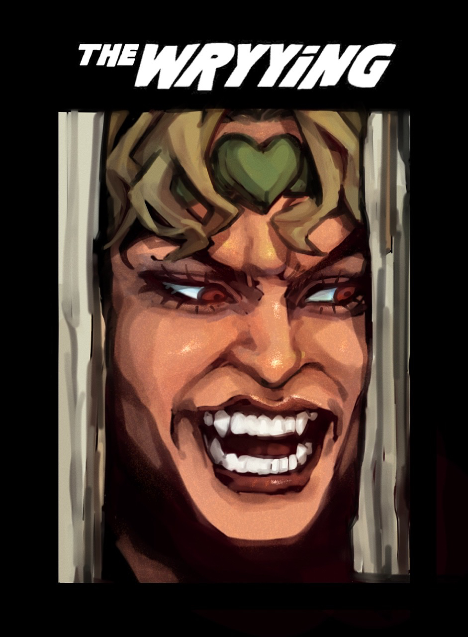 1boy blonde_hair brown_eyes commentary dio_brando fangs heart_headband here&#039;s_johnny!_(meme) highres jojo_no_kimyou_na_bouken kasyuna1225 looking_to_the_side male_focus meme open_mouth parody smile solo stardust_crusaders teeth the_shining v-shaped_eyebrows wryyyyyyyyyyyyyyyyyyyy