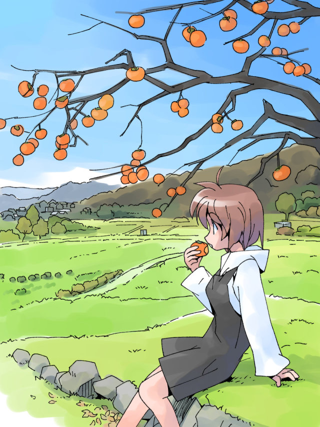 1girl black_dress dress eating food fruit on_ground persimmon rural sakana0147 sitting tree