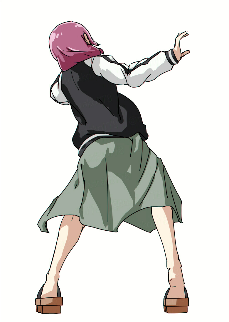 1girl black_jacket bocchi_the_rock! dress fighting_game full_body geta green_dress heel_up hiroi_kikuri hokuto_no_ken hokuto_no_ken:_shinpan_no_sousousei_kengou_retsuden jacket jagi legs_apart medium_dress multicolored_jacket pink_hair simple_background solo standing too_many_watermarks torako_(toramaru) twitter_username two-tone_jacket watermark white_background white_jacket