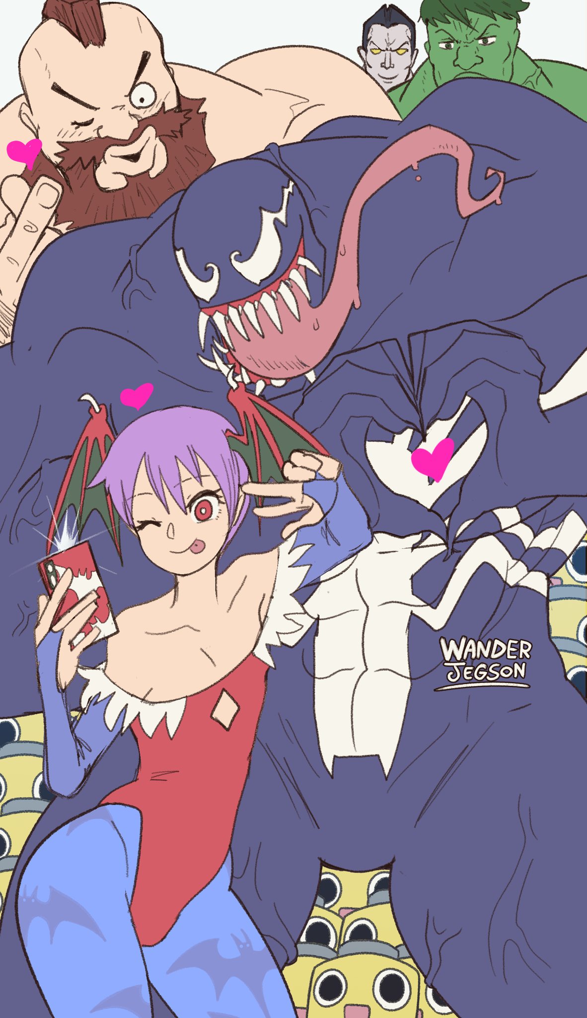 3boys abs animal_print bat_print bat_wings beard blue_pantyhose bridal_gauntlets capcom cellphone colossus_(x-men) demon_girl diamond_cutout facial_hair flat_chest head_wings highres hulk hulk_(series) leotard lilith_(darkstalkers) long_tongue marvel marvel_vs._capcom marvel_vs._capcom_2 mega_man_(series) mega_man_legends_(series) monster_boy multiple_boys muscular muscular_male one_eye_closed pantyhose phone print_pantyhose purple_hair purple_pantyhose red_eyes red_leotard sharp_teeth smile spider-man_(series) symbiote teeth tongue darkstalkers venom_(marvel) very_long_tongue wanderjegson wings x-men zangief