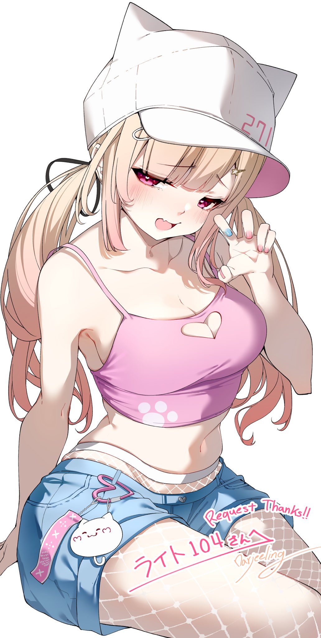 1girl animal_ears bare_shoulders blonde_hair blue_shorts breasts camisole cleavage cleavage_cutout clothing_cutout collarbone commentary_request commission commissioner_name darjeeling_(reley) fishnet_pantyhose fishnets hand_up hat heart_cutout highres long_hair momose_nina nail_polish navel open_mouth pantyhose pink_camisole project_nebula red_eyes second-party_source shorts signature simple_background sitting skeb_commission solo thank_you two_side_up virtual_youtuber white_background white_hat