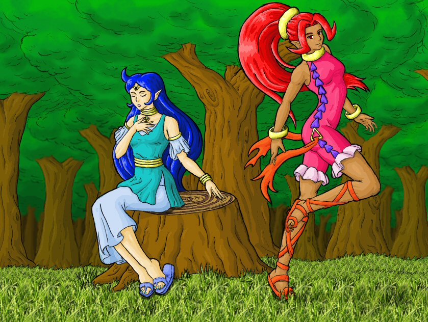 2girls blue_eyes blue_hair bodysuit bracelet cross-laced_sandals dark-skinned_female dark_skin din dress closed_eyes feet hand_on_own_chest jewelry legs long_hair multiple_girls nature nayru nintendo pointy_ears ponytail red_eyes red_hair sandals sitting smile the_legend_of_zelda the_legend_of_zelda:_oracle_of_ages the_legend_of_zelda:_oracle_of_seasons toes tree