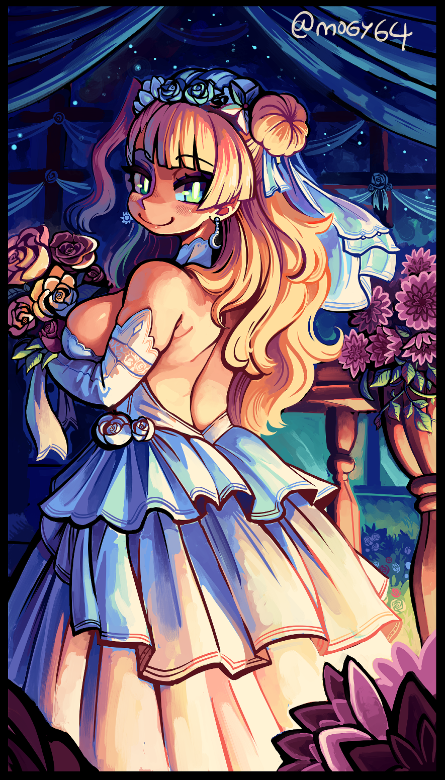 1girl back bare_shoulders blonde_hair bouquet breasts bridal_veil double_bun dress earrings elbow_gloves flower flower_hairband from_behind from_side galko gloves hair_bun hair_ornament halterneck highres jewelry large_breasts long_hair looking_at_viewer looking_back mogy64 oshiete!_galko-chan plant rose smile solo tiara turning_head veil wedding_dress window