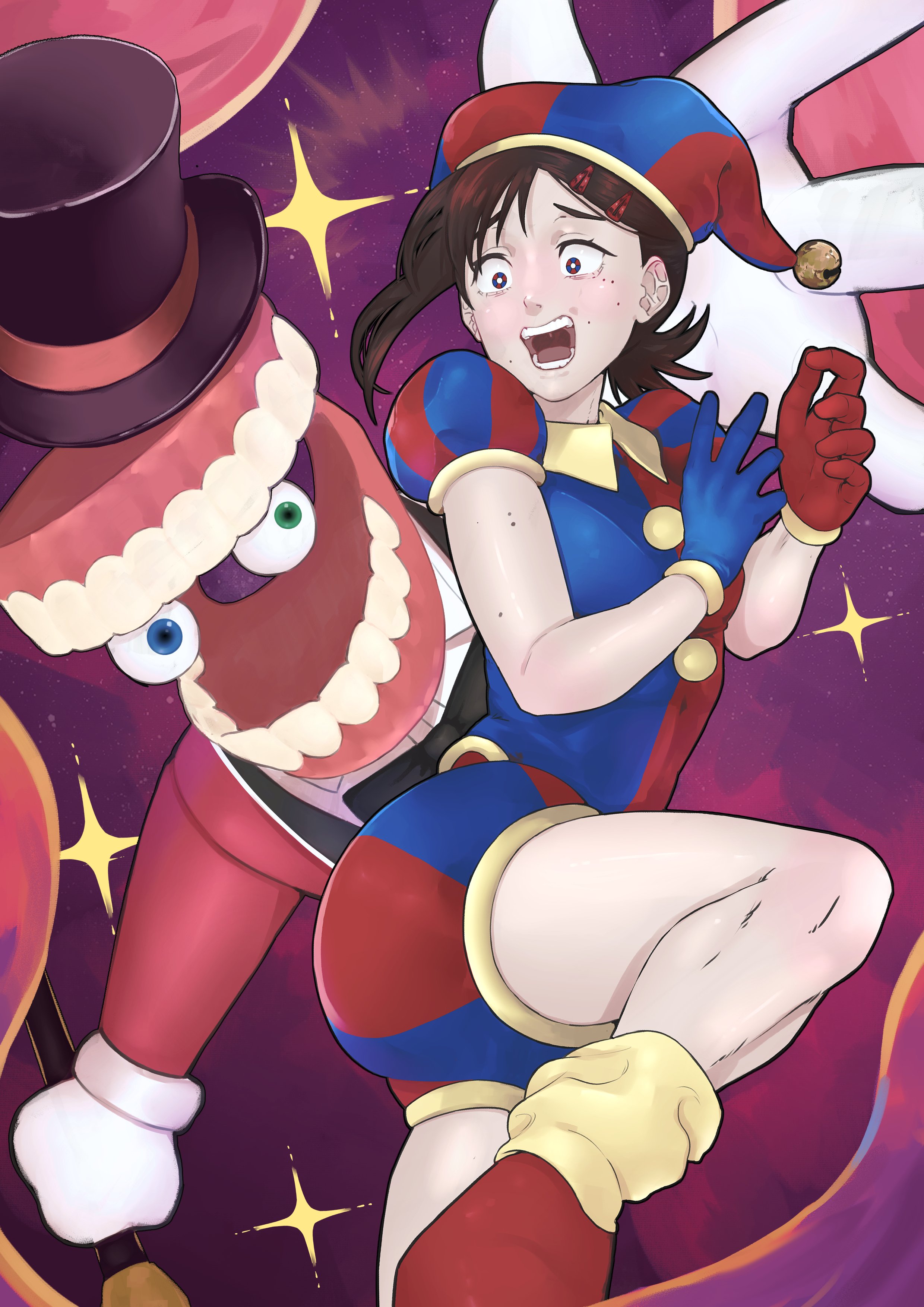 1boy 1girl absurdres ass asymmetrical_gloves blue_bodysuit blue_gloves blue_headwear bodysuit brown_eyes brown_hair caine_(the_amazing_digital_circus) chainsaw_man cosplay dakaeya dentures detached_eyes gloves hair_ornament hairclip hat hat_bell higashiyama_kobeni highres jester jester_cap jester_costume mismatched_gloves mole mole_under_eye multicolored_headwear open_mouth pale_skin pomni_(the_amazing_digital_circus) pomni_(the_amazing_digital_circus)_(cosplay) red_bodysuit red_gloves red_headwear scared striped_clothes striped_headwear the_amazing_digital_circus vertical-striped_bodysuit vertical-striped_clothes vertical-striped_headwear white_gloves