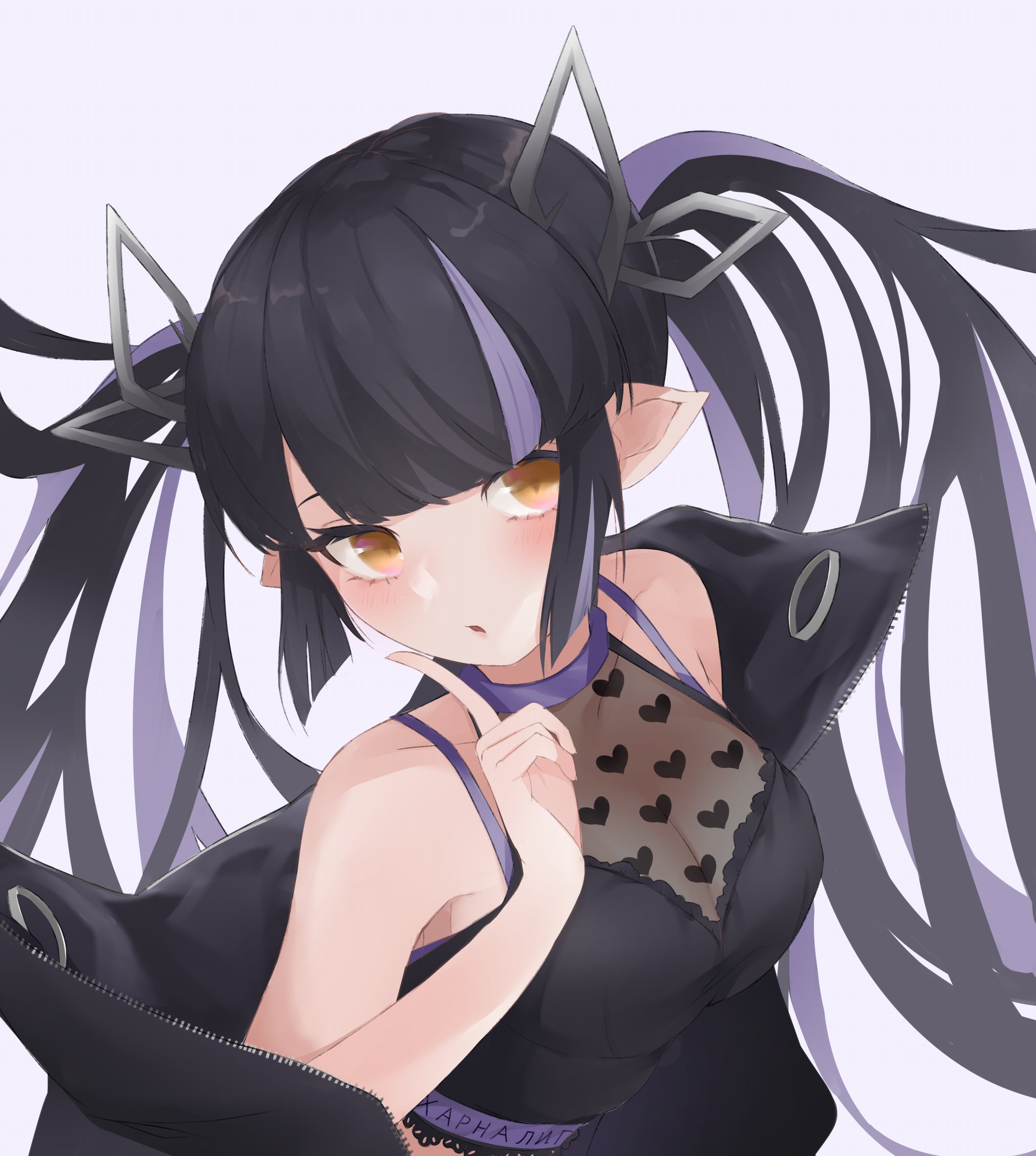 1girl black_hair black_jacket black_shirt blush breasts cleavage commentary_request cropped_shirt demon_girl demon_horns heart heart_print highres horns index_finger_raised irisu-chan_(yumemiruk) jacket kojo_anna kojo_anna_(1st_costume) long_hair looking_at_viewer medium_breasts nanashi_inc. open_clothes open_jacket open_mouth pointy_ears print_shirt purple_hair see-through_cleavage see-through_clothes see-through_shirt shirt simple_background sleeveless sleeveless_shirt solo sugar_lyric twintails upper_body virtual_youtuber white_background yellow_eyes