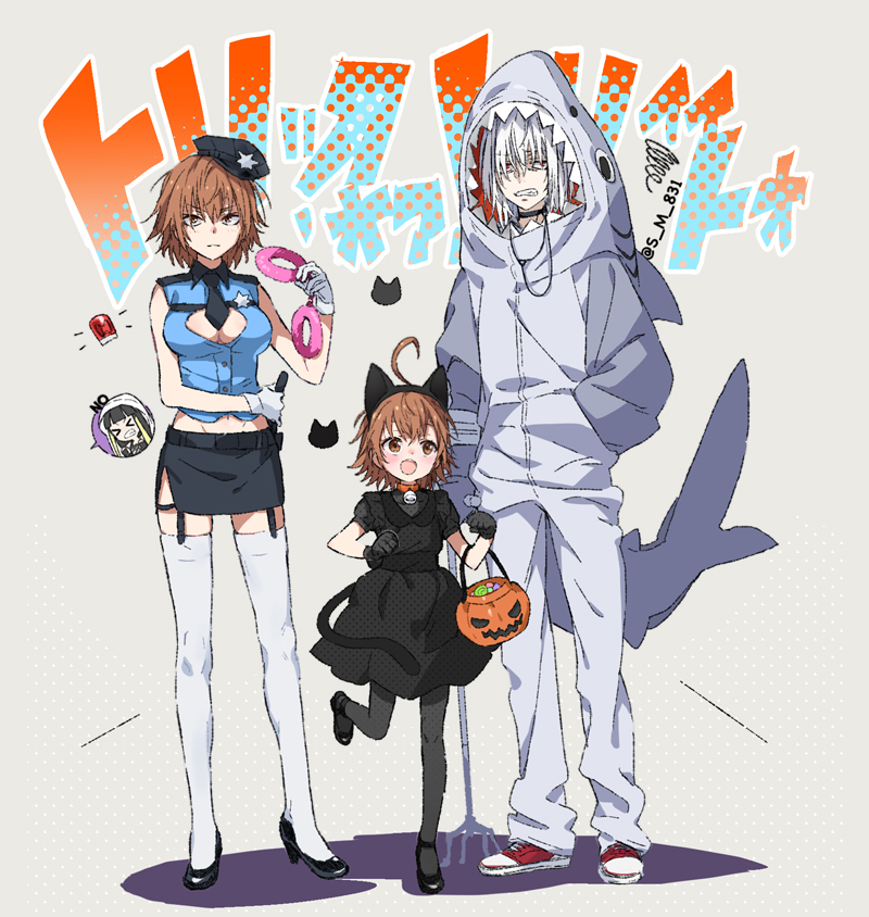 1boy 3girls accelerator_(toaru_majutsu_no_index) ahoge animal_costume animal_ears artist_request basket black_dress black_headwear black_legwear black_skirt blue_shirt brown_eyes brown_hair cat_ears cat_tail cleavage_cutout clothing_cutout cuffs dress full_body garter_straps halloween halloween_costume handcuffs hat jack-o&#039;-lantern kuroyoru_umidori last_order_(toaru_majutsu_no_index) looking_at_viewer midriff misaka_worst multiple_girls pantyhose peaked_cap police police_uniform policewoman red_eyes s_m_831 shark_costume shirt short_hair siblings sisters skirt sleeveless sleeveless_shirt tail toaru_majutsu_no_index toaru_majutsu_no_index:_new_testament white_hair white_legwear