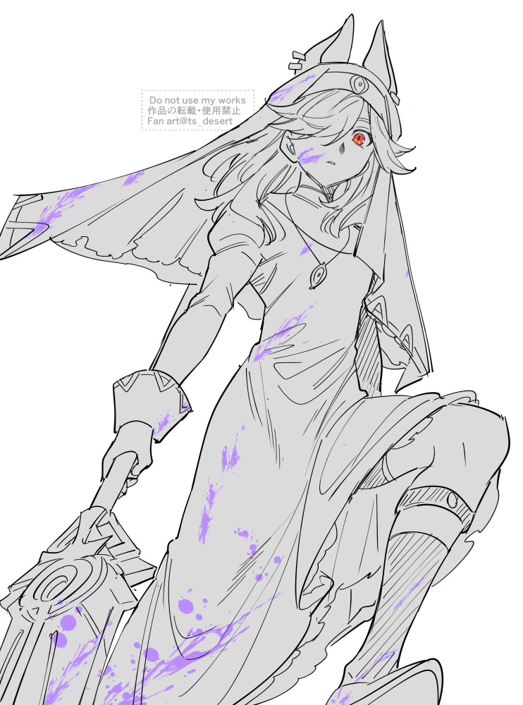 1boy adapted_costume alternate_costume animal_ears blood blood_on_clothes blood_on_face blood_on_hat blood_splatter bloody_weapon crossdressing crossdressing_(mtf) cyno_(genshin_impact) dress fake_animal_ears foot_out_of_frame from_below genshin_impact holding holding_polearm holding_weapon knee_up long_dress looking_at_viewer male_focus medium_hair monochrome nun parted_lips polearm purple_blood red_eyes simple_background solo spot_color ts_desert twitter_username veil weapon