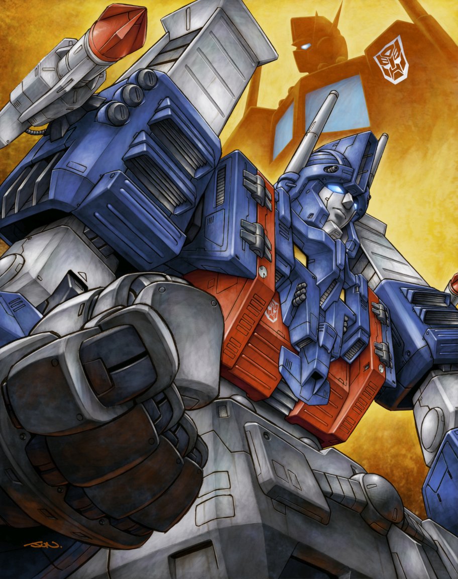 autobot blue_eyes clenched_hand from_below looking_ahead mecha nakamura_jun-ichi no_humans optimus_prime robot science_fiction solo_focus transformers ultra_magnus