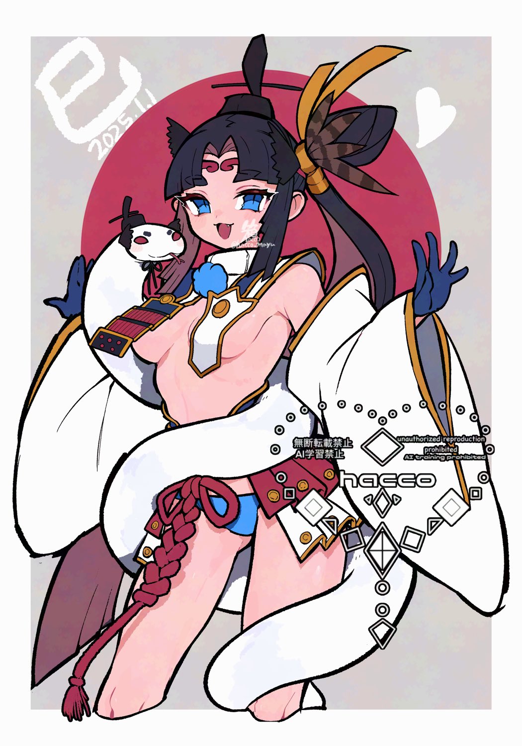1girl armor black_hair blue_eyes blue_gloves blue_panties breast_curtains breasts detached_sleeves fate/grand_order fate_(series) feather_hair_ornament feathers gloves hacco_mayu hair_bun hair_ornament hat highres japanese_armor long_hair looking_at_viewer medium_breasts open_mouth panties parted_bangs side_ponytail sidelocks single_side_bun smile snake solo thighs underwear ushiwakamaru_(fate) very_long_hair wide_sleeves