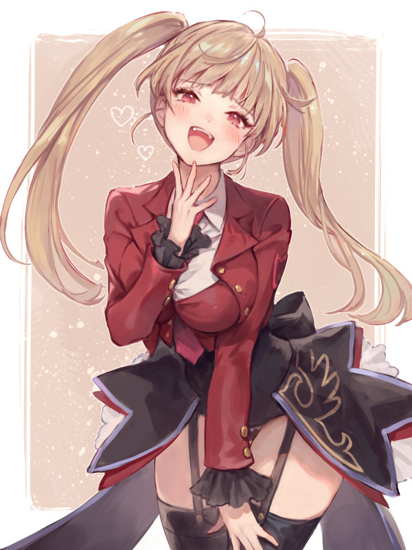 1girl :d ahoge asmodeus_(umineko) black_leotard black_skirt black_thighhighs blazer blonde_hair blush border breasts brown_background buttoned_cuffs buttons collared_shirt commentary cowboy_shot fangs frilled_sleeves frills garter_straps heart jacket large_breasts leaning_forward leotard long_hair long_sleeves looking_at_viewer necktie open_clothes open_jacket open_mouth outside_border pbj_(gelgelpbj) red_eyes red_jacket red_necktie shirt showgirl_skirt skirt smile solo splatter_background standing thighhighs thighs twintails umineko_no_naku_koro_ni white_border white_shirt