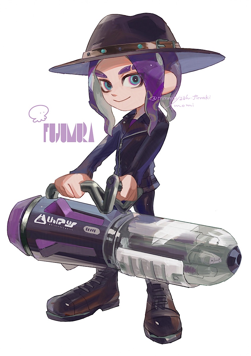 1boy ballpoint_splatling_(splatoon) black_hat black_jacket blue_eyes boots closed_mouth commentary eyebrow_cut full_body gun hat highres holding holding_gun holding_weapon jacket lace-up_boots male_focus medium_hair nintendo octoling octoling_boy octoling_player_character simple_background smile solo splatoon_(series) splatoon_3 symbol-only_commentary tentacle_hair totocosakana weapon white_background
