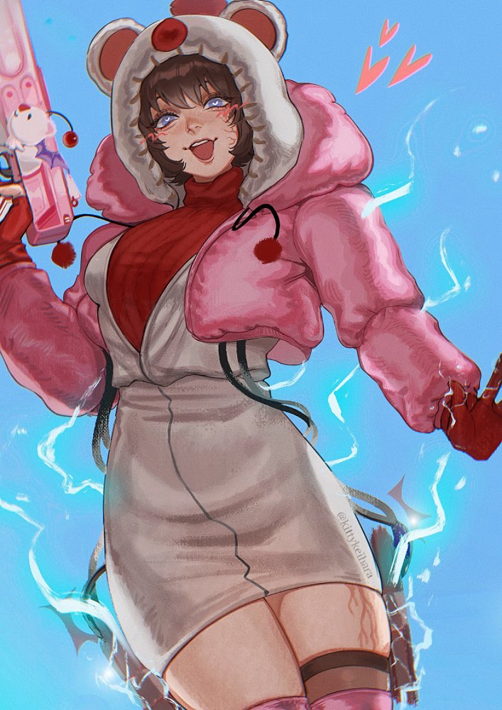 1girl apex_legends black_hair blue_background blue_eyes blush breasts bright_pupils commentary cosplay drawstring electricity english_commentary final_fantasy final_fantasy_vii final_fantasy_vii_rebirth final_fantasy_vii_remake gloves grey_hoodie gun heart heart-shaped_pupils holding holding_gun holding_weapon hood hood_up hoodie kitty_keihara kupo_power_wattson looking_at_viewer medium_breasts moogle moogle_(cosplay) official_alternate_costume open_mouth r-99_smg red_gloves red_sweater ribbed_shirt shirt short_hair smile solo submachine_gun sweater symbol-shaped_pupils thighhighs turtleneck turtleneck_sweater twitter_username wattson_(apex_legends) weapon white_pupils yellow_thighhighs