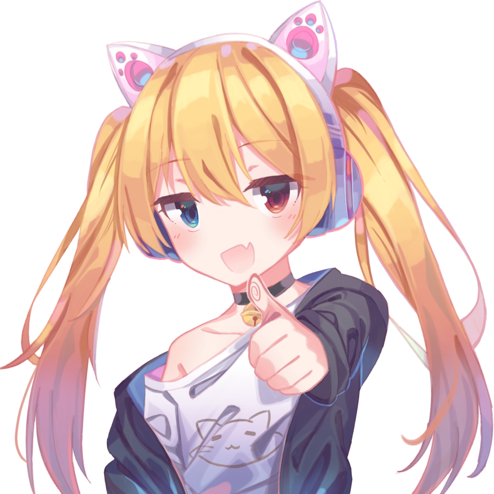 1girl :d animal_ear_headphones animal_ears animal_print bell black_choker black_jacket blonde_hair blue_eyes cat_print choker fake_animal_ears fang fingerprint hair_between_eyes headphones heterochromia jacket jingle_bell long_hair looking_at_viewer neck_bell off_shoulder open_clothes open_jacket open_mouth original outstretched_arm print_shirt red_eyes roin shirt simple_background smile thumbs_up twintails upper_body white_background white_shirt
