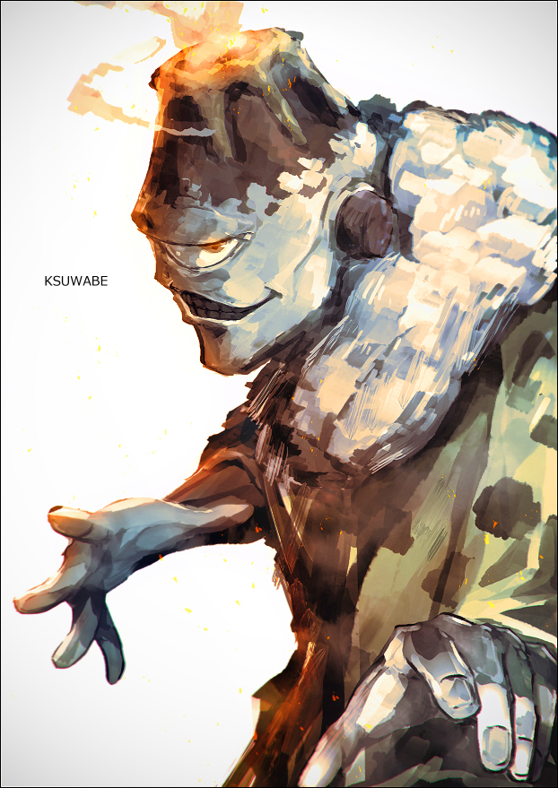 1boy capelet colored_skin cork grin jogo_(jujutsu_kaisen) jujutsu_kaisen k-suwabe looking_at_viewer monster_boy one-eyed smile upper_body volcano