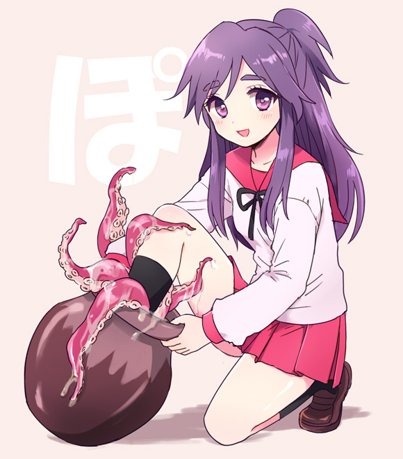 1girl 50yen_(gojiue) :d ai_mai_mii animal blush long_hair looking_at_viewer octopus open_mouth ponoka-sempai purple_eyes purple_hair school_uniform serafuku skirt smile tentacles thick_eyebrows vase