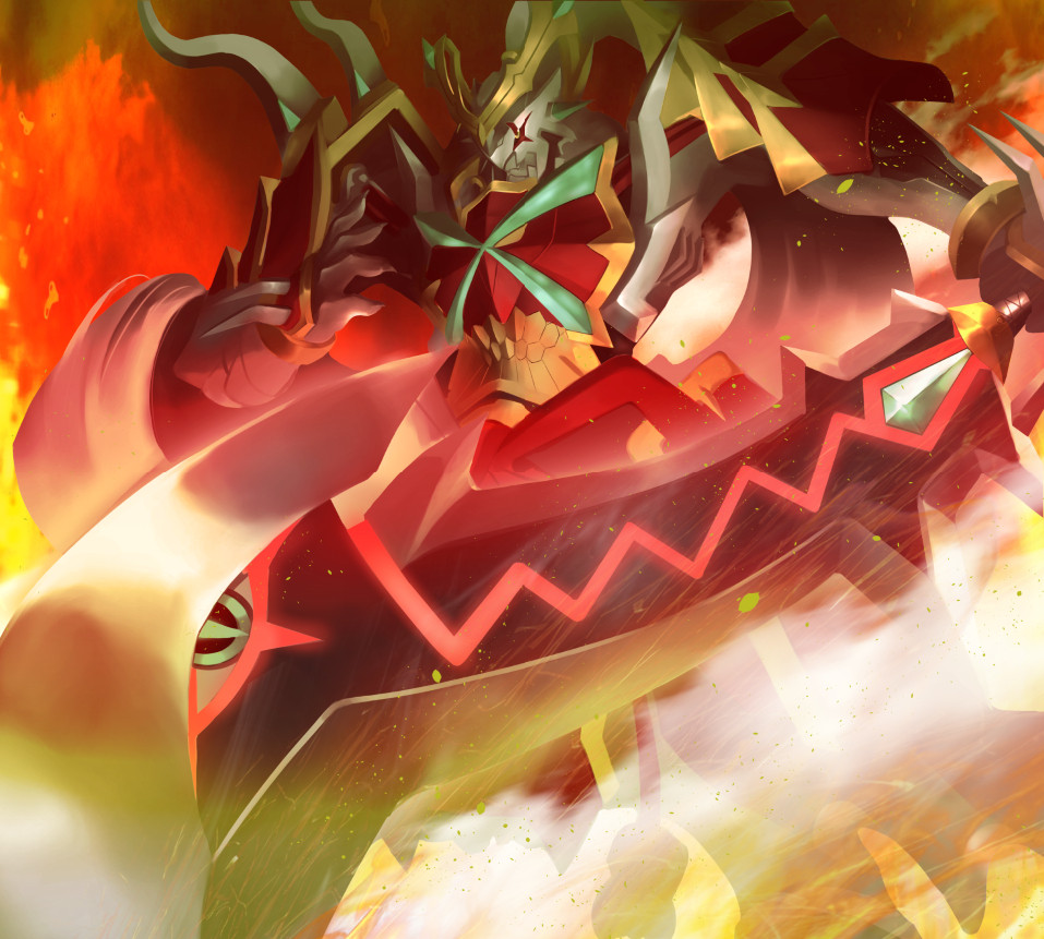 armor digimon digimon_(creature) dual_wielding fire full_armor gaioumon gaioumon_itto_mode holding solo