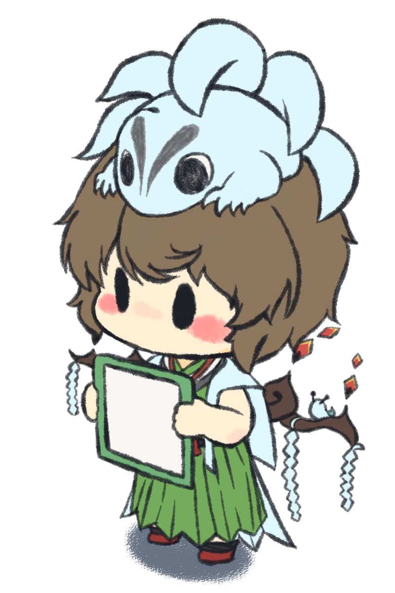 androgynous animal animal_on_head animal_on_shoulder antennae azuma_kaisen azuma_kaisen_(frog) baton brown_hair chibi frog gender_request hakama hakama_skirt highres jacket jacket_on_shoulders japanese_clothes kesa_kujiru kesa_kujiru_(slug) len&#039;en ogata_garaiya on_head short_hair skirt slug transparent_background yuejiao_tuan