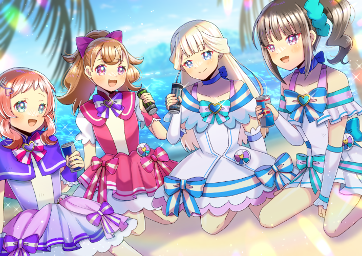 4girls bare_shoulders beach blue_eyes blue_sky blurry blurry_background bow brown_hair can capelet cloud commentary_request cosplay cure_friendy cure_friendy_(cosplay) cure_lillian cure_lillian_(cosplay) cure_nyammy cure_nyammy_(cosplay) cure_wonderful cure_wonderful_(cosplay) day depth_of_field dress energy_drink hair_bow holding holding_can horizon inukai_iroha inukai_komugi kou_hiyoyo light_brown_hair long_hair monster_energy multiple_girls nekoyashiki_mayu nekoyashiki_yuki ocean off-shoulder_dress off_shoulder on_ground outdoors palm_tree pleated_dress ponytail precure purple_bow purple_capelet purple_dress purple_eyes red_bull sand side_ponytail sky striped_bow tree very_long_hair white_dress wonderful_precure!
