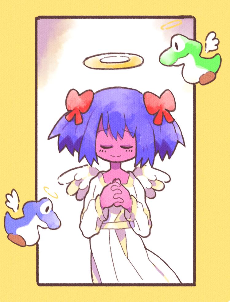 1girl 4chan angel border bow bury_pink_gril closed_eyes closed_mouth colored_skin commentary cowboy_shot dress feathered_wings hair_bow halo inkerton-kun mario_(series) nintendo pink_skin purple_hair red_bow short_hair smile solo symbol-only_commentary traditional_halo white_dress white_wings wings yellow_border yellow_halo yoshi